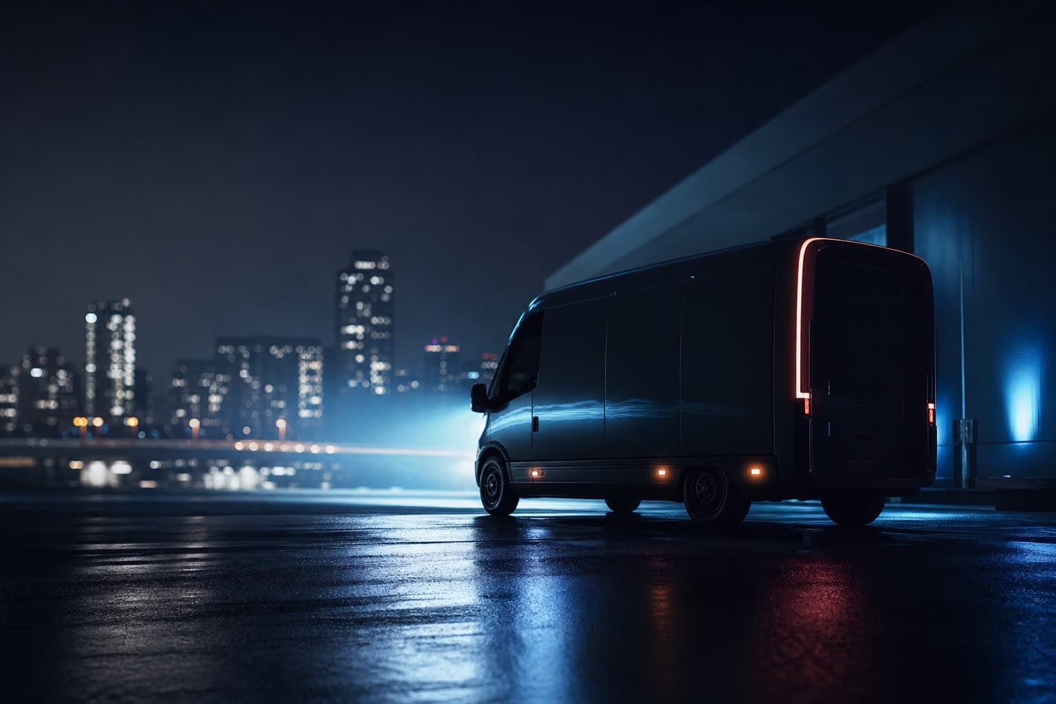A driver walking a loaded van into a night logistics yard